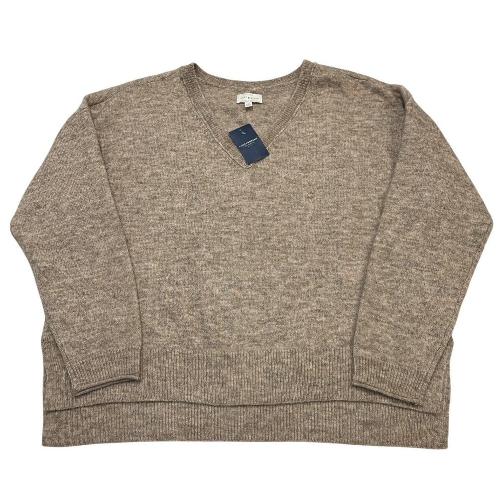 Lucky Brand Sweater Pullover Tan V Neck Boxy Size L Relaxed Fit Minimalist‎